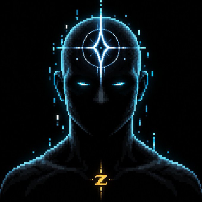 A pixel-art style digital portrait of a shadowy figure with glowing blue eyes and a bright star symbol on its forehead, with a small yellow 'Z' at the bottom.