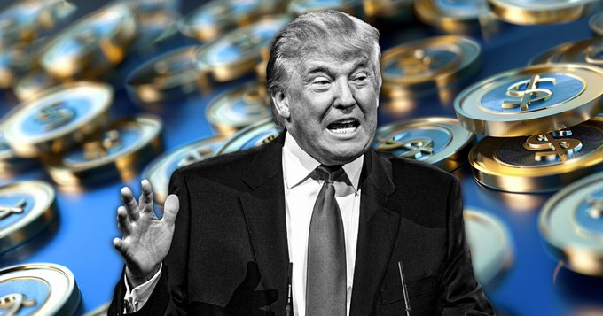 Donald Trump is shown in a black-and-white cutout speaking with an animated gesture, superimposed against a backdrop of gold coins bearing dollar signs on a blue surface. The image visually reinforces the post's theme of dollar-backed stablecoins and the administration's push to expand the dollar's global reach through cryptocurrency.