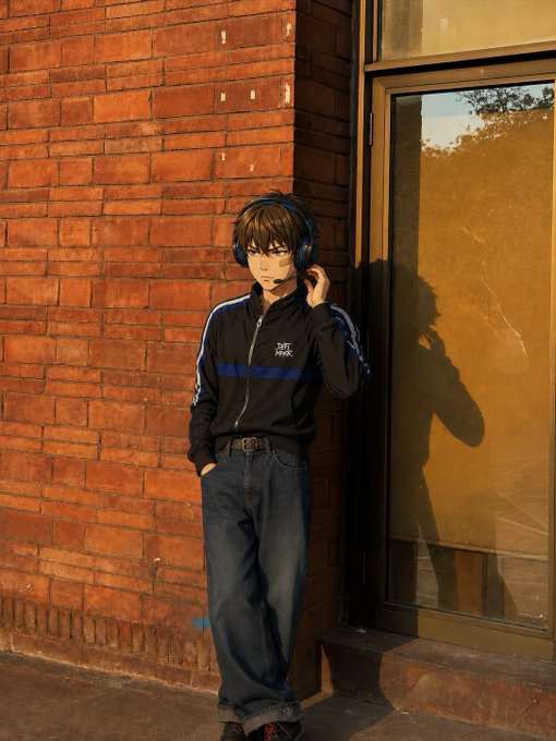A young man wearing headphones and a black "GIFT WORK" track jacket leans against a brick wall, his shadow cast on a glass door as he listens to music, capturing the quiet, laid-back vibe of a morning "gm" check-in.