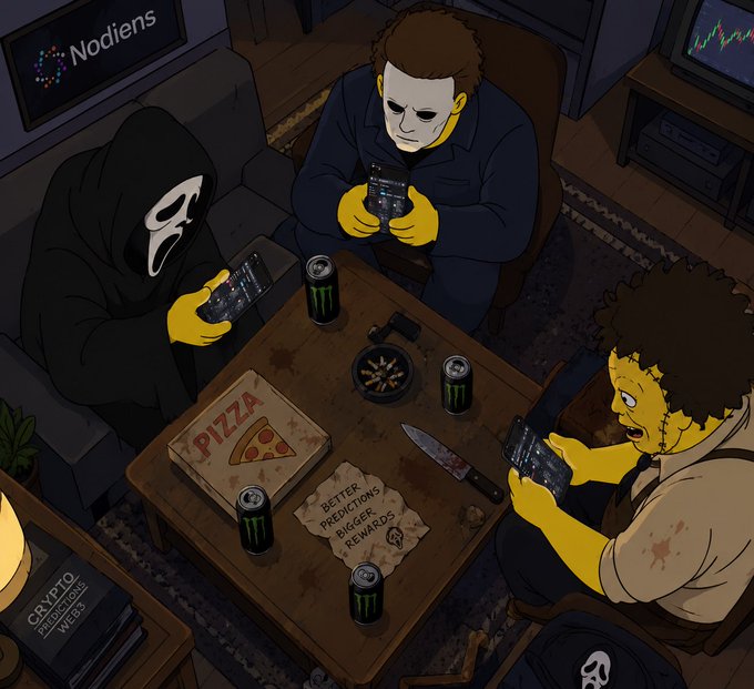 An illustration of characters from the horror film Scream (Ghostface and Michael Myers) playing on their phones, with text 'Nodiens' on the monitor and a pizza box reading 'BETTER PREDICTIONS BIGGER REWARDS' on the table.