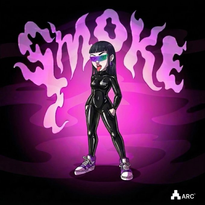 Stylized cartoon artwork of a woman in a black bodysuit and purple sunglasses with the word 'INVOKE' in flame-style text, branded with the ARC logo.