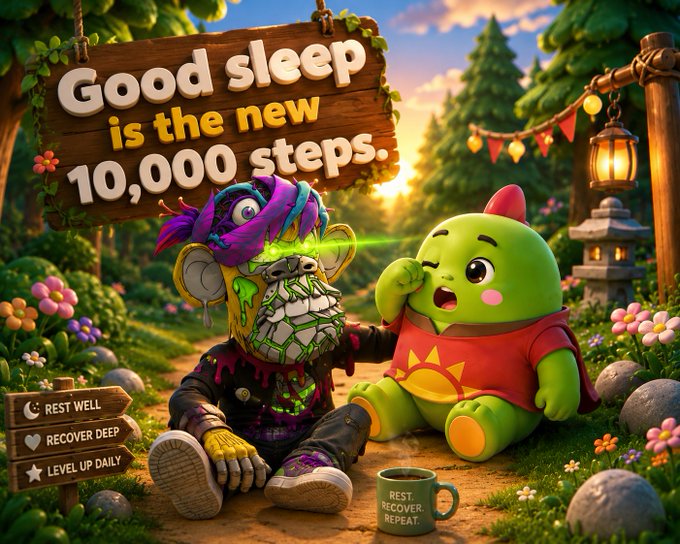 A vibrant digital illustration showing a green cartoon character with a red fin next to a graffiti-style monkey character, under a wooden sign reading 'Good sleep is the new 10,000 steps.' with smaller signs for 'Rest Well, Recover Deep, Level Up Daily' and a mug saying 'Rest. Recover. Repeat.'