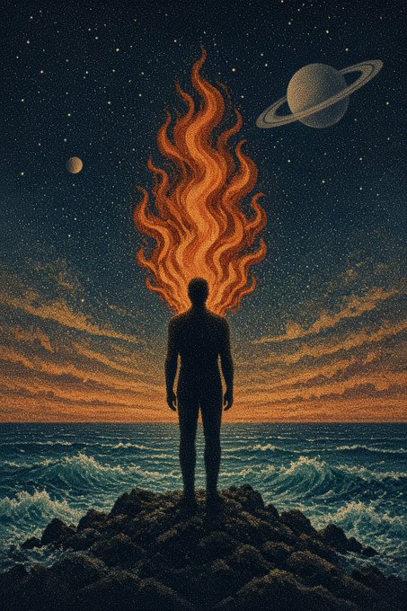 A surreal digital artwork depicting a silhouetted figure standing on rocks by the ocean, with flames rising from where their head should be under a starry sky featuring a ringed planet.