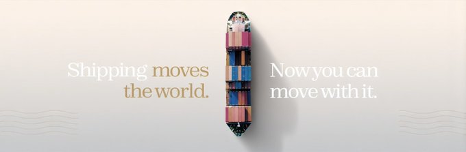 An overhead view of a container ship loaded with shipping containers, flanked by the text 'Shipping moves the world. Now you can move with it.'