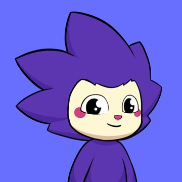 Cartoon illustration of a cute purple character with spiky hair, a small pink nose, blushing cheeks, and large black eyes against a solid blue background.