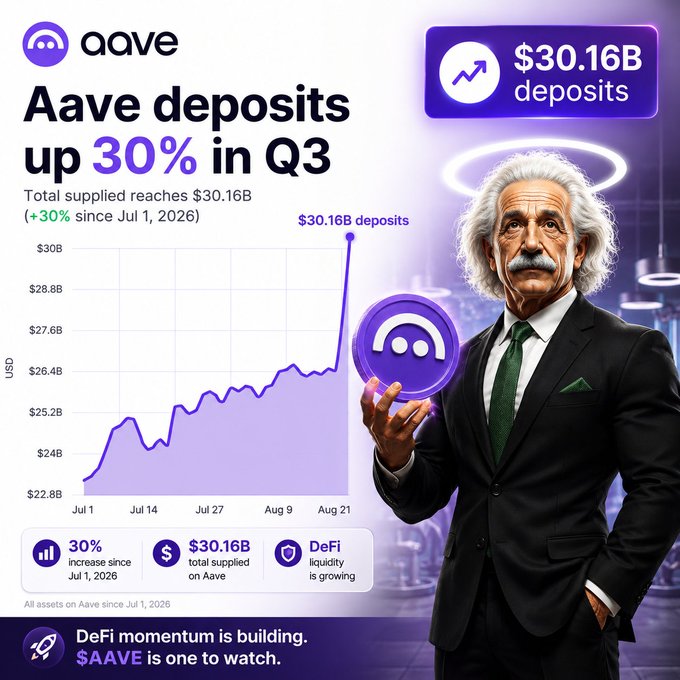 A promotional graphic from Aave featuring a stylized Einstein holding an Aave logo coin, highlighting that Aave deposits surged 30% in Q3 to reach $30.16B total since July 1, 2026. The chart visualizes this growth with a rising line graph and concludes with the message "DeFi momentum is building. $AAVE is one to watch."