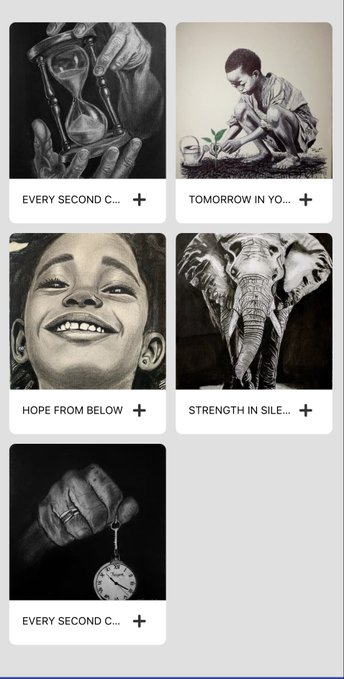 A mobile app interface displaying a gallery of dark, surreal artworks with titles including 'EVERY SECOND C...', 'TOMORROW IN YO...', 'HOPE FROM BELOW', 'STRENGTH IN SILE...', and another 'EVERY SECOND C...'