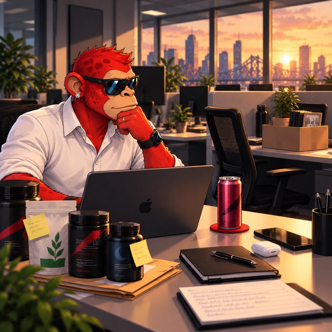 An anthropomorphic red monkey wearing a white shirt and sunglasses sits at an office desk working on a laptop, with supplement bottles, an energy drink, and a city skyline visible through the window.