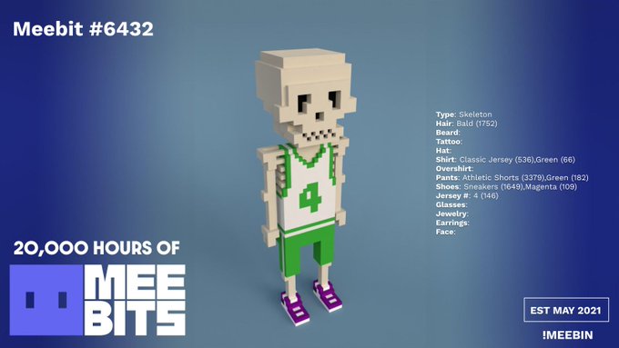 A promotional image for Meebit #6432 from the "20,000 Hours of Meebits" collection, featuring a voxel-style skeleton character wearing a green Classic Jersey (#66), green Athletic Shorts (#182), and magenta sneakers (#109), with attributes listed as Bald (1752), Tattoo, and Overshirt.