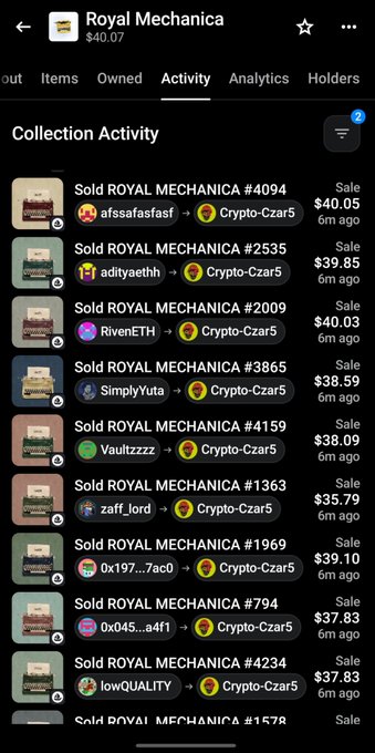 A mobile app screenshot showing the 'Activity' tab for 'Royal Mechanica' NFTs, listing multiple sales by Crypto-Czar5.