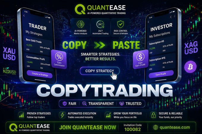 A digital advertisement for 'QUANTEASE' featuring a copy trading platform, displaying two smartphone mockups with Trader and Investor interfaces, AI-powered market analysis, 24/7 automated trading, and an invitation code '100082' to join.