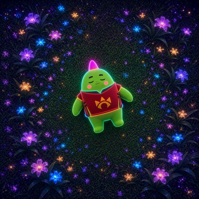 A digital illustration of a green cartoon character wearing a red outfit with a logo, standing in a field of glowing colorful flowers against a dark background.