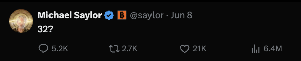 In the image, there's a post featuring a guy named Michael Saylor who is a Bitcoin expert. He has tweeted about a recent event related to Bitcoin using a hashtag that starts with "btc". The tweet says, "Saylor nuked Bitcoin with 32 BTC... How #32 become the market’s newest meme?". The image captures what appears to be an interesting story where someone used 32 Bitcoins to buy Bitcoin. The post's caption is also about Saylor, which makes it a bit confusing for some viewers who may not know his name or what he does. Overall, the focus of this post seems to be on Michael Saylor and how he managed to buy Bitcoin using 32 Bitcoins as an example.