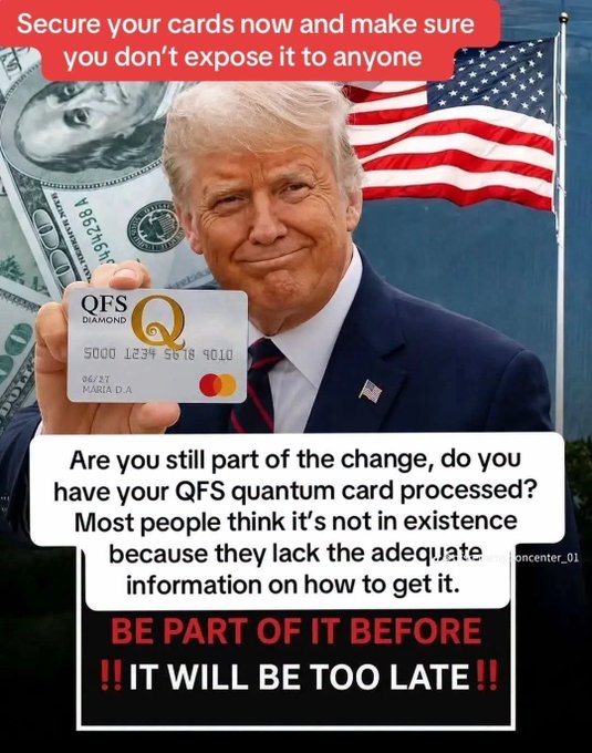 A scam advertisement featuring Donald Trump holding a 'QFS DIAMOND' Mastercard, with text claiming 'Secure your cards now' and urging people to get a 'QFS quantum card processed' before 'IT WILL BE TOO LATE.'