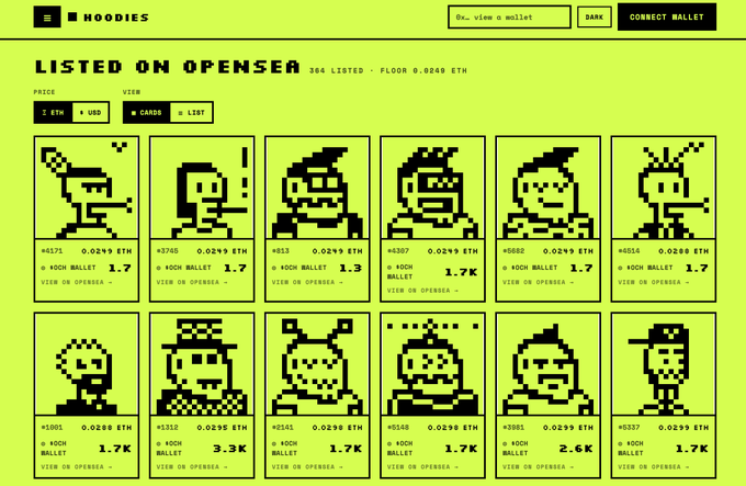 A bright yellow web page shows Hoodies NFT collection listings on OpenSea, displaying various pixel art character avatars with their token IDs and ETH prices.