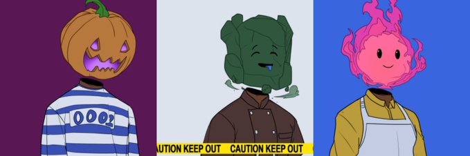 Three cartoon figures with heads made of a pumpkin, a green blocky face, and pink flames stand against purple, gray, and blue backgrounds, with yellow caution tape reading 'CAUTION KEEP OUT'.