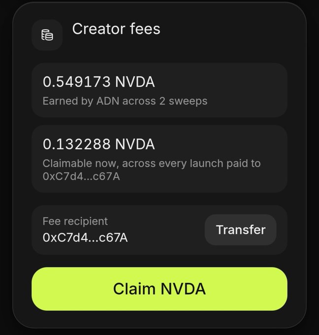 A 'Creator fees' interface displaying 0.549173 NVDA earned by ADN across 2 sweeps, with 0.132288 NVDA claimable now and a green 'Claim NVDA' button.