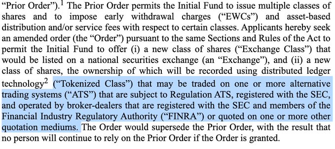 A legal document excerpt discussing a 'Prior Order' that permits an Initial Fund to issue multiple share classes, and an amended order ('Order') proposing a new 'Exchange Class' and a 'Tokenized Class' recorded via distributed ledger technology for trading on alternative trading systems (ATS) regulated by the SEC.