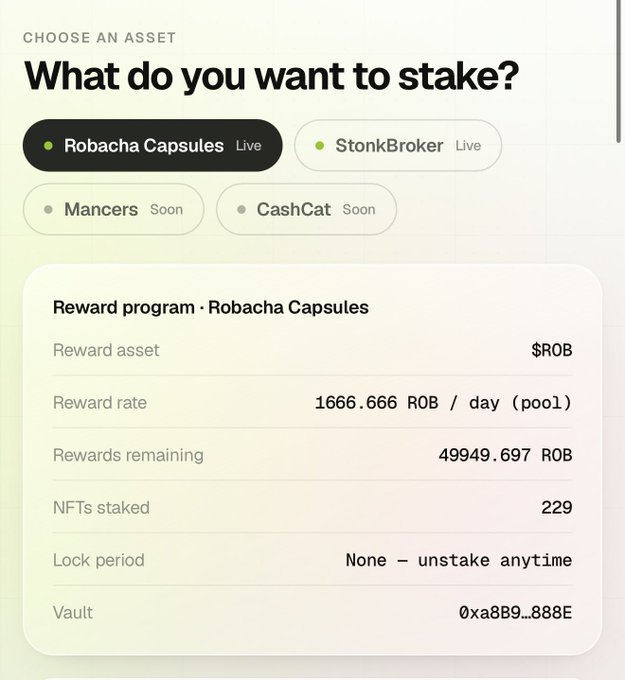 A screenshot of a cryptocurrency staking interface displays a 'Reward program · Robacha Capsules' option with a reward rate of 1666.666 ROB/day, showing 49949.697 ROB remaining and 229 NFTs staked.