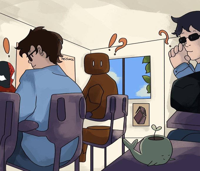 An illustrated scene shows two people sitting at a table, viewed from behind, while two characters face each other from opposite sides of the frame, exchanging question marks. The room includes a Spider-Man poster, a window view, a framed picture on the wall, and a small whale-shaped planter.