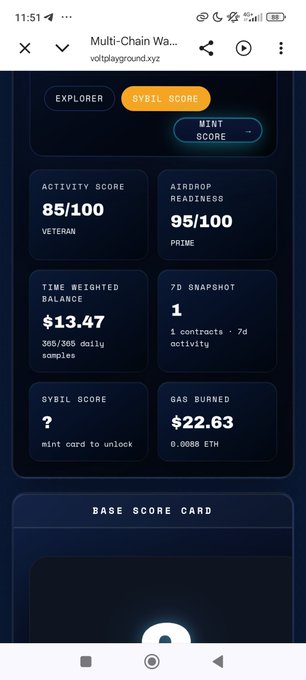 The image displays a mobile screenshot of the Base Airdrop Sybil Checker tool at voltplayground.xyz, showing a "Multi-Chain Wallet" dashboard with various metrics including an Activity Score of 85/100 (VETERAN), Airdrop Readiness at 95/100 (PRIME), Time Weighted Balance of $13.47 (365/365 daily samples), 7 contracts and 7d activity, Gas Burned of $22.63 (0.0088 ETH), and a "Mint Card to unlock" prompt for the Sybil Score. This relates to the accompanying post by demonstrating the user-facing interface of the non-official sybil detection tool being promoted, showcasing the kind of Base activity data and potential airdrop eligibility scoring users can access.