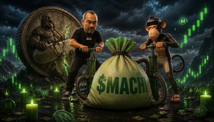 A meme-style AI image showing a man and a monkey operating manual pumps to inflate a large money bag labeled '$MACHI', with a giant sloth coin and green candlestick chart in the background.