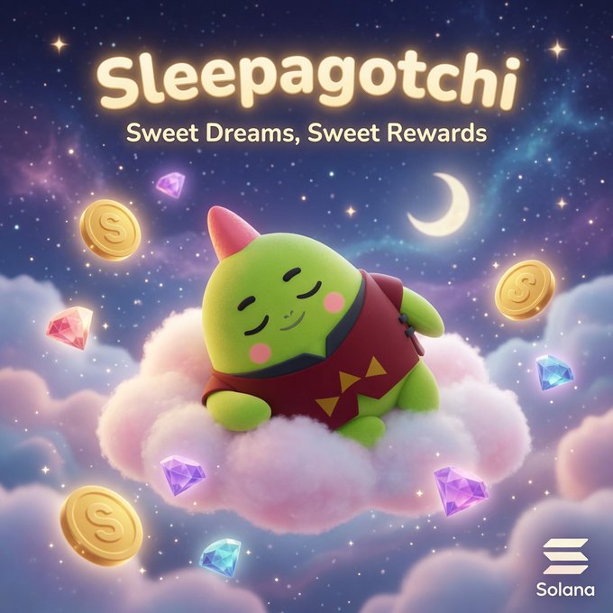 The image features a cartoon green monster with a red hat sitting on top of a cloud. The cloud is filled with colorful gemstones that are scattered around the monster. Below the cloud, there's text that reads "@sleepagotchi Sleep-to-Earn game on Solana". This post seems to be promoting a sleep-related game or app called @Sleepagotchi.