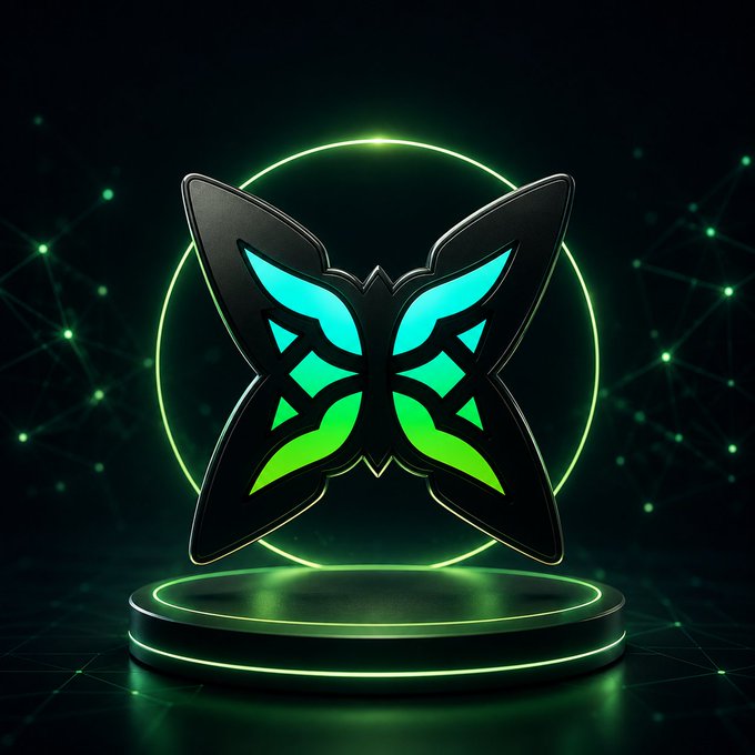 A glowing 3D butterfly emblem in cyan and green neon lights resting on a circular pedestal against a dark, network-patterned background.