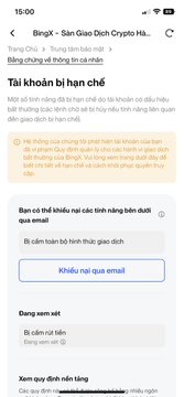 A Vietnamese-language email screenshot from "BingX – Sàn Giao Dịch Crypto Hàng Đầu" with the subject "Tài khoản bị hạn chế" (Account restricted), notifying the user to complete email verification.
