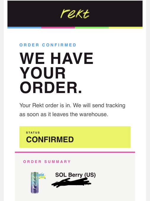 The image shows an email from Rekt, which appears to be a promotional message for a product called "Sol Berry" that is available at Solana. The email contains information about the product's availability and a link to purchase it online. The text in the email reads: "Seems like a good day to get properly REKT! @rektdrinks x @solana x $REKT". This message highlights the product's availability on Solana, which is indicated by the presence of a website link within the email.