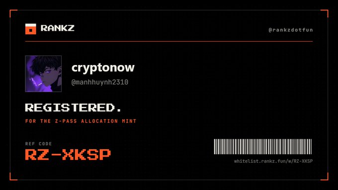 A black and red graphic showing a registration for 'cryptonow' for the Z-PASS Allocation Mint by RANKZ.