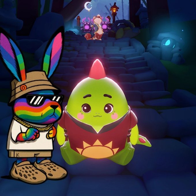 A vibrant digital illustration featuring a rainbow-striped rabbit character wearing sunglasses and a hat, posing with a green dragon-like creature in a red hoodie, set against a moonlit fantasy landscape.