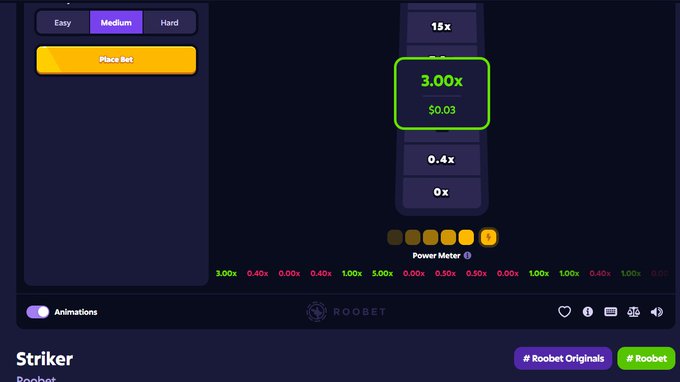 A screenshot of the Roobet crash gambling game on Medium difficulty, showing a 3.00x multiplier highlighted in green with a $0.03 payout, alongside the Striker game interface. The image aligns with the user's post about reaching an $800 account balance on Roobet, illustrating the type of medium-risk bets they're comfortable placing as they've developed their preferred playstyle.