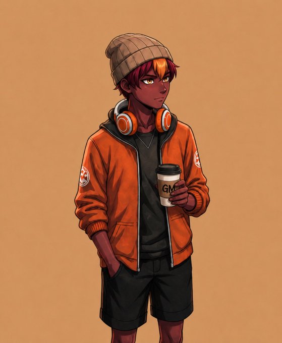 An anime-style illustration of a young person wearing an orange jacket, beanie, and headphones around their neck, holding a coffee cup labeled "GM." The image matches the post's casual "Gm" morning greeting and aligns with the laid-back, productivity-focused vibe of wishing followers a productive week while stacking Sleep Points on Sleepagotchi.