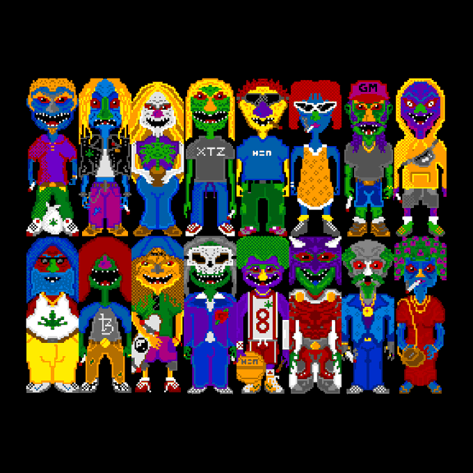 A colorful pixel art grid of 16 cartoonish, monstrous character avatars with varying skin colors, hairstyles, and clothing, some featuring symbols like XTZ, NEM, and GM.