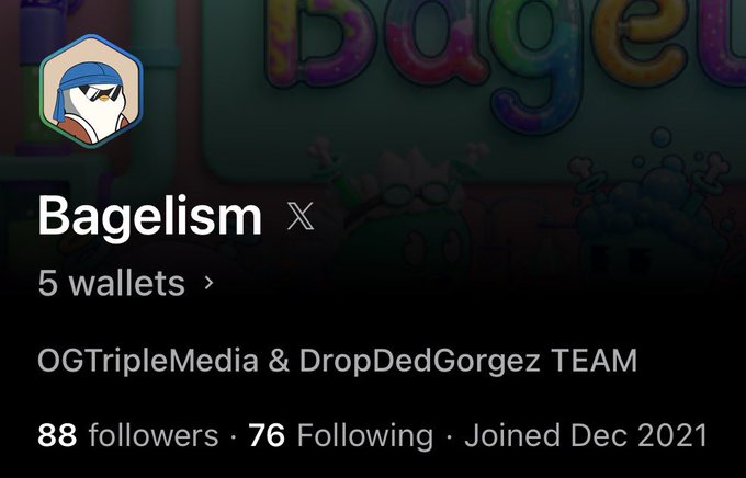 A profile card for 'Bagelism' showing 5 wallets, associated with 'OGTripleMedia & DropDedGorgez TEAM', having 88 followers and 76 following, joined Dec 2021, with a cartoon avatar and a 'Bagel' logo in the background.