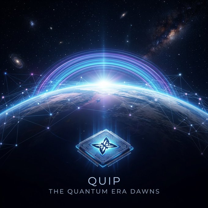 The image is a stylized digital poster showing Earth from space with glowing blue arcs and a network of interconnected nodes, featuring a futuristic chip labeled with the QUIP logo at the center, accompanied by the text "QUIP – THE QUANTUM ERA DAWNS."

The visual reinforces the post's message by portraying QUIP as a high-tech, globe-spanning infrastructure where the network itself is the essential, productive work being secured—mirroring the idea of a guard whose protective duties simultaneously complete a larger, valuable system.