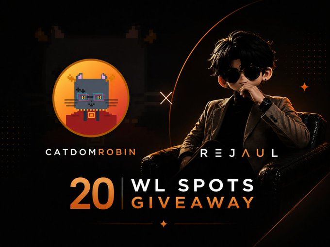 A promotional giveaway graphic featuring the pixel-art Catdom Robin mascot alongside a stylized illustration of the user "REJAUL," advertising "20 WL SPOTS GIVEAWAY" for a free mint of 9,999 Catdom Cats on the Robinhood Chain.