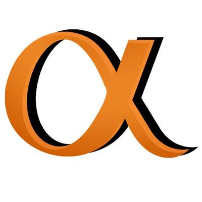 An orange Greek letter alpha (α) logo with a black drop shadow on a white background.