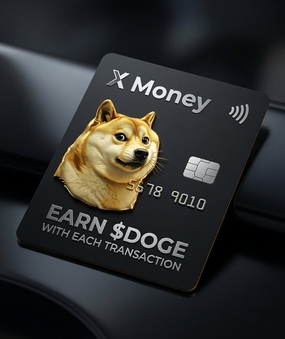 A sleek black credit card branded "X Money" features a Shiba Inu dog illustration and the tagline "EARN $DOGE WITH EACH TRANSACTION," with the number "56 78 9010" visible alongside an EMV chip—directly visualizing the post's dream of a DOGE-rewards payment card.