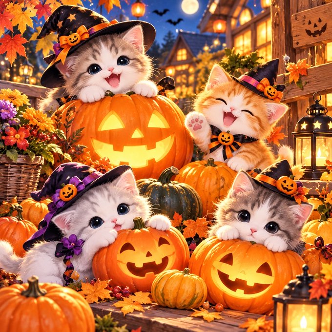 Four cute kittens wearing witch hats pose among glowing carved jack-o'-lanterns, autumn leaves, and lanterns in a festive Halloween scene.