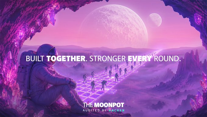 A promotional banner for 'THE MOONPOT' cryptocurrency features an astronaut sitting on a rocky cliff overlooking a glowing purple alien landscape with figures on a grid path, with the text 'BUILT TOGETHER. STRONGER EVERY ROUND.' and 'AUDITED BY HACKEN'.