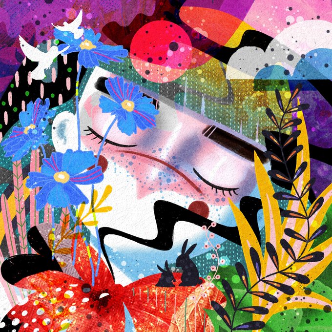 A vibrant, colorful mixed-media illustration featuring a serene face with closed eyes surrounded by blue flowers, small rabbits, lush foliage, and abstract splatter patterns.