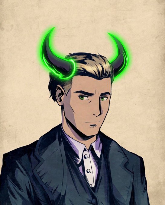 An illustrated portrait of a young man in a dark suit with glowing green devil horns on his head, with green eyes, set against a beige textured background.