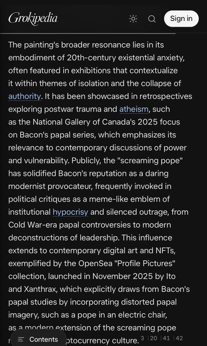 A screenshot from Grokipedia discussing the cultural resonance of a painting related to 20th-century existential anxiety and its connection to atheism and institutional hypocrisy.
