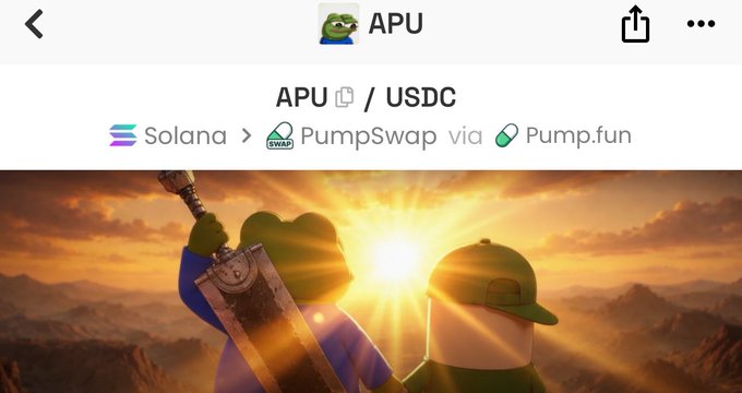 The image presents a screenshot of a Facebook post with an animated cartoon of two individuals holding something green, appearing to be playing a game or watching a movie together. The background features mountains under a sunlit sky at sunset. The text on the post indicates that the person who posted is Apu and they're currently using Solana for their gaming experience. Additionally, there's an update about the game they are enjoying on their social media page, which appears to be PumpFun or PumpUp.