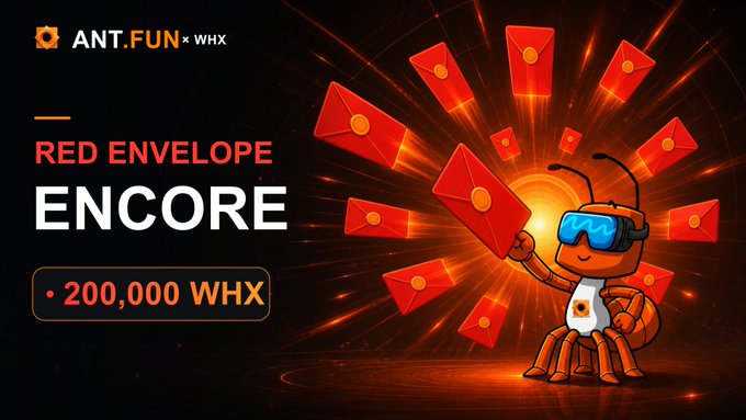 A cartoon ant mascot wearing VR goggles stands amid radiating red envelopes, promoting the "ANT.FUN × WHX Red Envelope Encore" campaign with a 200,000 WHX prize pool, visually echoing the post's announcement of the campaign's return and its updated points rules.