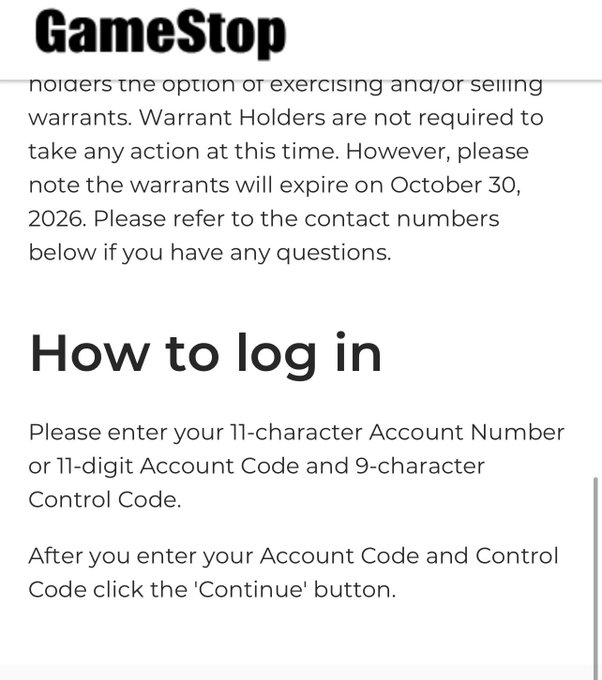 A screenshot of a GameStop webpage showing information about warrant expiration on October 30, 2026, and 'How to log in' instructions requiring an 11-character Account Number or Code and 9-character Control Code.