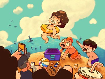 A cartoon-style illustration of children playing at the beach with a swimming ring, bucket, and popsicle while an adult takes a photo.