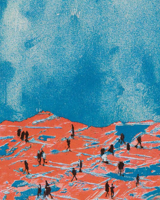 An illustration showing tiny silhouetted figures walking across a textured, reddish-orange landscape under a bright blue, speckled sky.